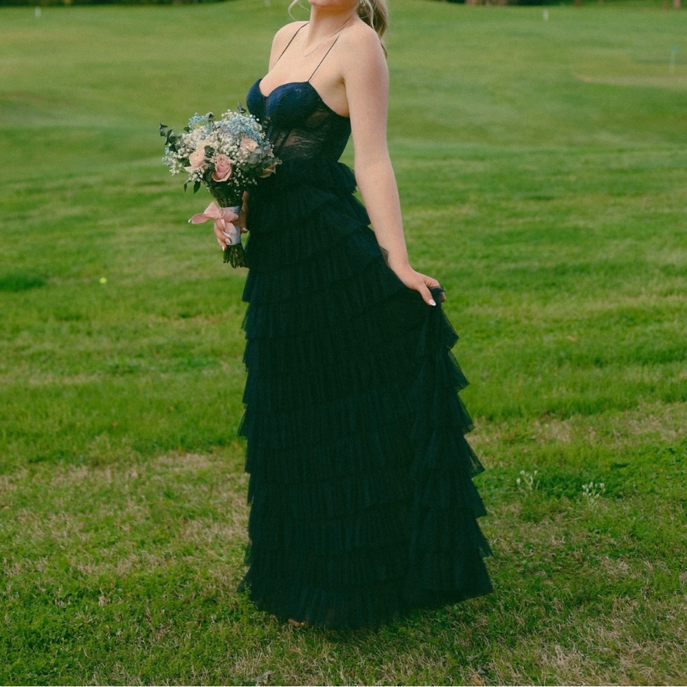 Navy blue lace tiered prom dress